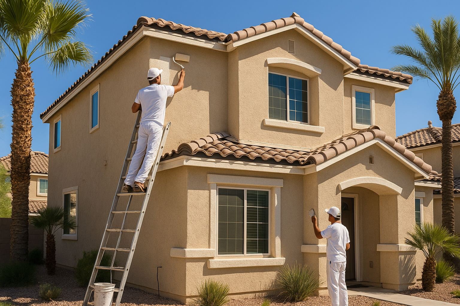 Painter on a ladder rolling fresh color onto the stucco exterior of a two-story Las Vegas home while a second painter cuts in the trim